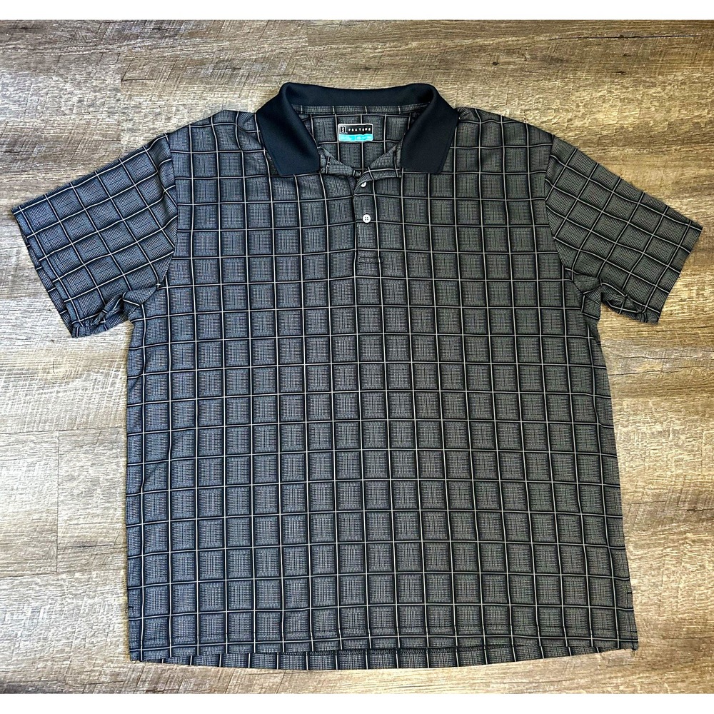 PGA TOUR Men's 2XL Polo Shirt Black/Gray Geometric Block/Check Grid Pattern